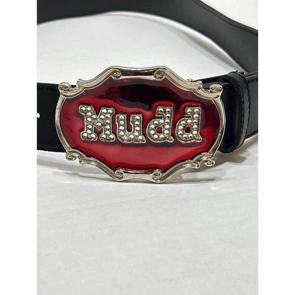 Vtg MUDD Rhinestone Spellout Belt Black Leather Red Enamel Big Statement Buckle